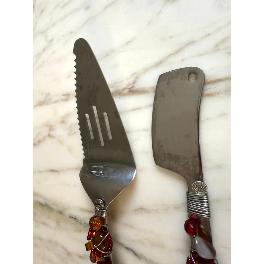 Vintage Faberware Y2K Decorative Beaded Cake Knife & Server Set Red Amber